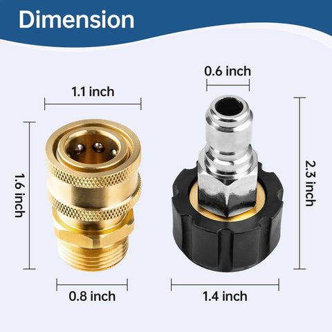 Dimension details of Heavy Duty Pressure Washer Adapter Set Quick Connect Kit M22 14mm To Three Eighths Inch Brass And Stainless Steel
