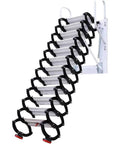 Electric Invisible Attic Ladder With Smooth Telescopic Glide And Locking Handrails For Effortless Loft Access To Crush Your Clutter Game In Seconds Easy Flush Wall Mount Setup Matte Black Finish with black handrails and steps.
