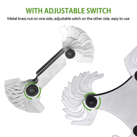 Stainless steel thread pitch gauge set with adjustable knobs and a fan of blades (front view)