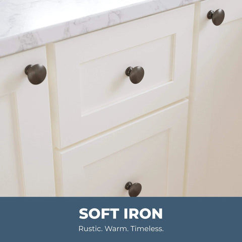 Fulton Soft Iron Round Cabinet Knobs One And Three Sixteenth Inch Easy Install Durable Hardware installed on white cabinetry
