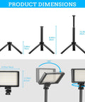 Dimensions of 5600K dimmable USB LED video lights with mini tripods and color filters for studio and streaming use.