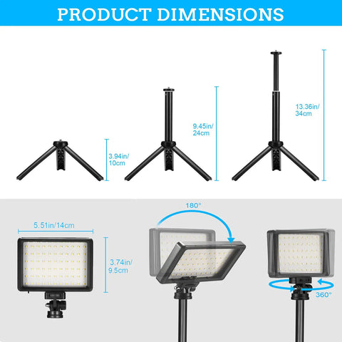 Dimensions of 5600K dimmable USB LED video lights with mini tripods and color filters for studio and streaming use.