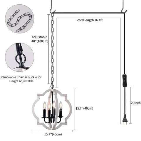 Plug In Pendant Chandelier With 16.4 Ft Cord, White Orb Wood Farmhouse Outdoor Light For Gazebo, with chain and dimensions