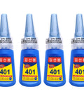 Fast Dry Shoe Repair Glue Kit Ultra Strong Beast Bond For Metal Plastic Jewelry And More Quick Set In Seconds Low Whitening 4 Pack 20ml Each Ideal For Shoes Repairs And Mini Fixes, showing four blue bottles of glue.