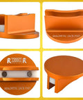 Magnetic jack pad for pinch welds, orange aluminum; four-view collage showing side, front, and top angles.