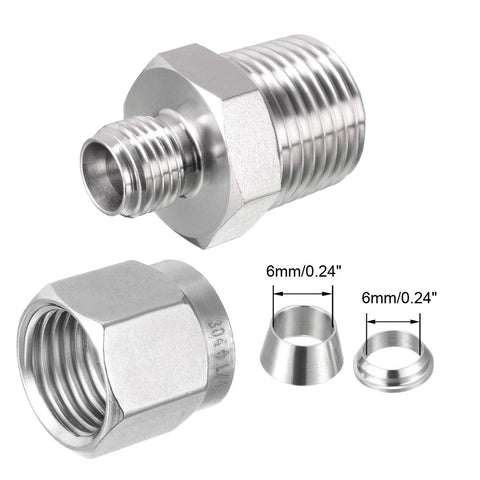 uxcell stainless steel compression tube fitting, 1/2 NPT male x 1/4 in tube OD, 3-piece ferrules, front/side views