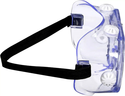 Side view of Chemical Splash Safety Goggles With Anti Fog Coating Clear Lens Wide Vision Soft Comfy Lightweight Feel Adjustable Strap UV Protection 1 Pack