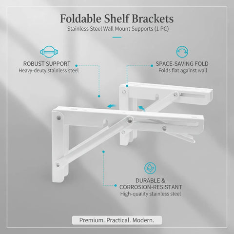 Diagram of Foldable Shelf Brackets for Wall Mount, Stainless Steel, Hinged Drop-Leaf Support showcasing folding mechanism.
