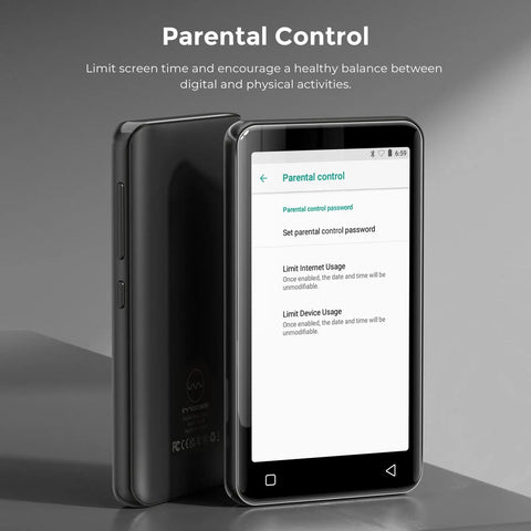 4 Inch MP3 Player With Bluetooth And WiFi Supports Spotify Amazon Music Pandora Audible And More Includes Spotify Kids App And MP4 Video Up To 1TB Storage On The Go Music Player For The Gym And Travel with parental control screen visible