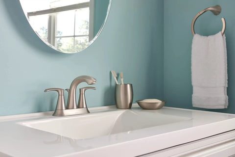 Graeden Two Handle Four Inch Centerset Bathroom Faucet in Spot Resist Brushed Nickel on modern white sink