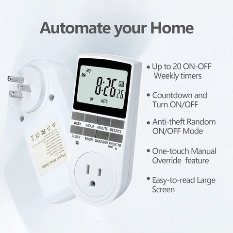 Indoor Digital Outlet Timer Plug With Countdown Delay On Off Switch, 7 Day 24 Hour Programmable Scheduling, Supports Up To 20 Weekly Timers, Great For Lamps, Appliances, And Home Automation