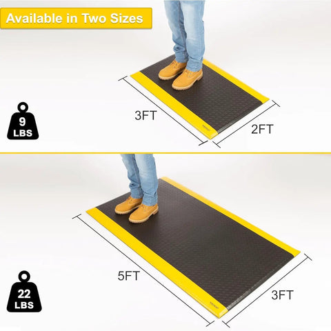 Person standing on Industrial 15/16 Inch Extra Thick Anti Fatigue Floor Mat Built For Heavy Duty Jobs, Diamond Plate Non Slip Ergonomic Standing Mat In Black With Yellow Edge, Perfect For Workbench, Shop, Kitchen, Warehouse 3 By 5 Feet.