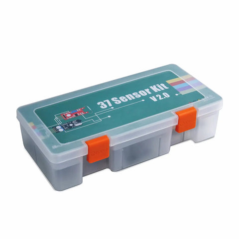Plastic box containing the Upgraded 37-In-1 Sensor Modules Kit With Tutorial For Arduino R3 Mega 2560 Nano Compatible.