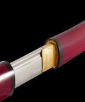Burgundy Red Shirasaya Samurai Katana Dope Hand Honed High Carbon Steel Razor Sharp 27 Inch Blade close-up with red wood scabbard
