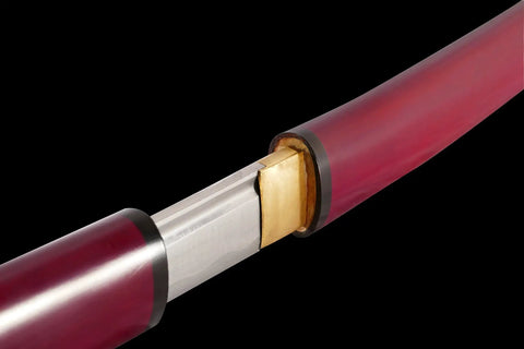 Burgundy Red Shirasaya Samurai Katana Dope Hand Honed High Carbon Steel Razor Sharp 27 Inch Blade close-up with red wood scabbard