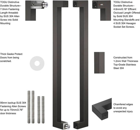 Heavy Duty Commercial Grade Push Pull Door Handle Made From 304 Stainless Steel 900mm 36 Inch Length 1.2mm Thick Matte Black Finish Square And Rectangle Mounting Solid Standoffs And Hardware with details of components and features