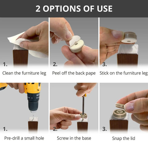 Instructions for installing 8 Pack 1 Inch Screw On Chair Sliders Floor Protectors For All Surfaces Easy Install Glide Furniture Smoothly Without Scratches Small Furniture Sliders For Chairs Desks And Tables Premium Leg Protectors