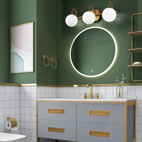 Three Light Vanity Light Fixture For Bathroom With Brushed Brass Frame And Milk White Glass Globes, Modern Wall Sconce Over Mirror
