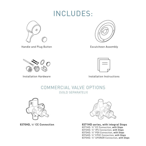 Diagram of M-Dura Posi-Temp Shower Trim Kit components and valve options, model T8370CBN, brushed nickel finish, M-Pact compatible