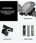 Image showcasing accessories for 51mm Solar-Powered Tactical GPS Smartwatch With Titanium Bezel And Sapphire Lens, including bike mount and bands.