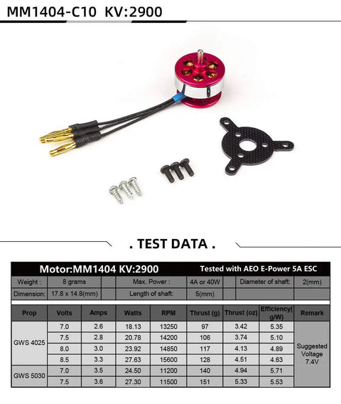 Micro Brushless Outrunner MM1404 2900KV With ESC Power Combo with mounting accessories on specification sheet