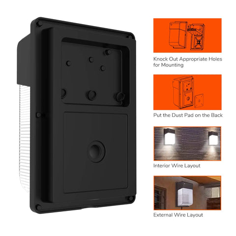 Back and side view of Outdoor Dusk To Dawn LED Wall Pack Light With Photocell 28W Equivalent showing mounting and wire layouts