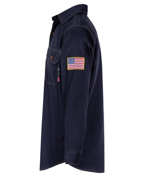 Side view of Lightweight Flame Resistant Welding Shirt For Men NFPA 2112 Certified Tough As Nails Water And Oil Repellent Finish