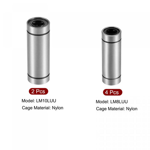 Two LM10LUU and four LM8LUU nylon linear ball bearings from the Eight Piece Kit Of Extra Long LM8LUU And LM10LUU Linear Ball Bearings.