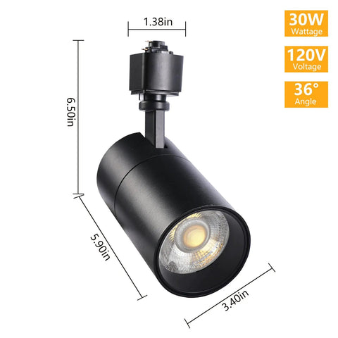 Black 3 Color Selectable 30W H Track Lighting Head, 36° beam, 3000 Lumen, kitchen ceiling spotlight, accent and task lighting