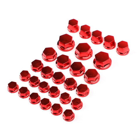 Red ABS Electroplated Hexagon Socket Screw Covers For Motorcycle 30 Piece Set arranged in size order