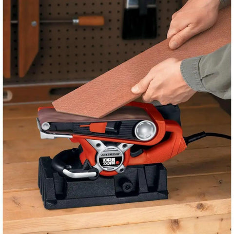 Heavy Duty Belt Sander With Dust Bag 7 Amp Motor 3 Inch By 21 Inch Angled Sanding Belt in use for wood sanding on bench