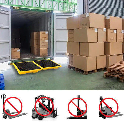 Oil Drum Spill Containment Tray With Drain, 2.6 Gallon Capacity, Leakproof Polyethylene Pallet, Detachable Platform near warehouse boxes