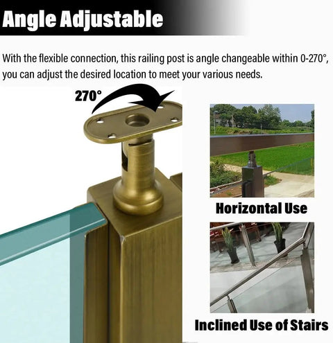 Hella Sturdy Gold Stainless Steel Deck Railing Posts For 10Mm To 12Mm Glass Panels Chef Kiss Finish adjustable post for stairs and horizontal use