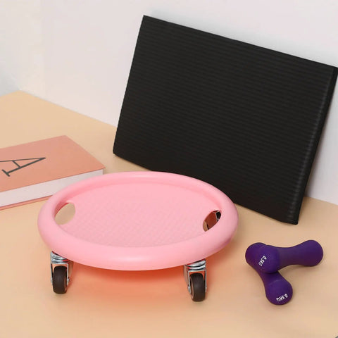 Pink four wheel ab roller with knee mat, perfect for core workout with high load capacity plastic design for home gym use.