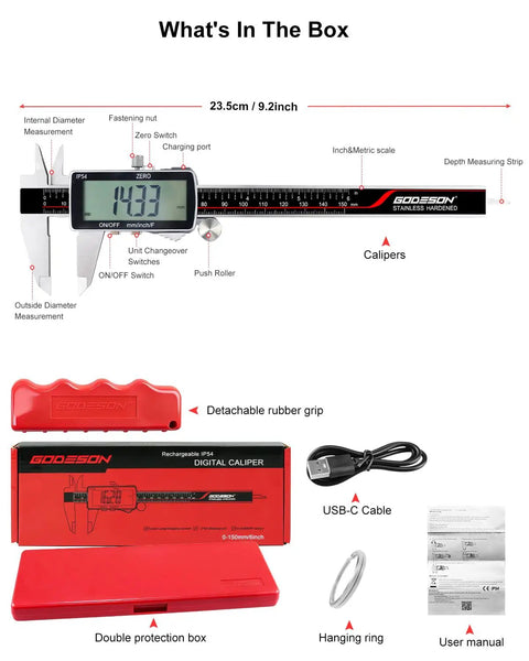 Rechargeable Digital Caliper Six Inch With USB C Charging And Power Indicator 0.01mm Accuracy Pro Grade Performance kit