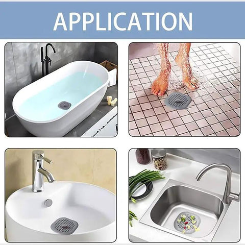 Image showcasing the Two Pack Shower Drain Hair Catcher With Strong Suction Cups installed in bathtubs and sinks.