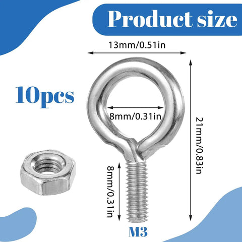 Set Of 10 M3x8mm Stainless Steel Eye Bolts With Nuts For Hanging Or Securing Cables Heavy Duty Eyebolts For Lifts And Rigging