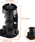Black adjustable cabinet leveler leg with measurements, part of the 12 Pack Black Cabinet Leveler Legs For Furniture Adjustable Feet.