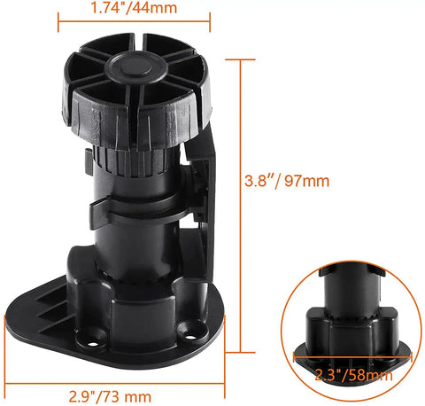 Black adjustable cabinet leveler leg with measurements, part of the 12 Pack Black Cabinet Leveler Legs For Furniture Adjustable Feet.
