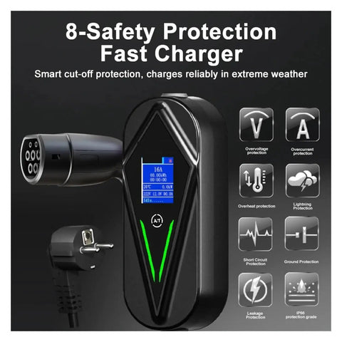 Grab And Go Portable EV Charger 16A 3.5kW Type 1 Type 2 GBT NACS Adapter with 1.8 inch display and safety features.