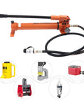Hella Heavy Duty 10k PSI Single Acting Hydraulic Hand Pump With 1500ml Tank, orange manual power tool with hose for lifting.