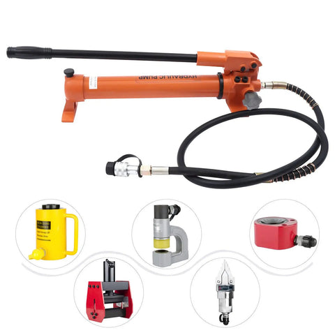Hella Heavy Duty 10k PSI Single Acting Hydraulic Hand Pump With 1500ml Tank, orange manual power tool with hose for lifting.