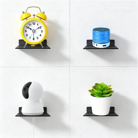 Straight Fire Black Metal Floating Wall Shelf For Echo Dot Alexa Smart Speakers Cameras Compact Rack mounted with clock, speaker, camera, plant.