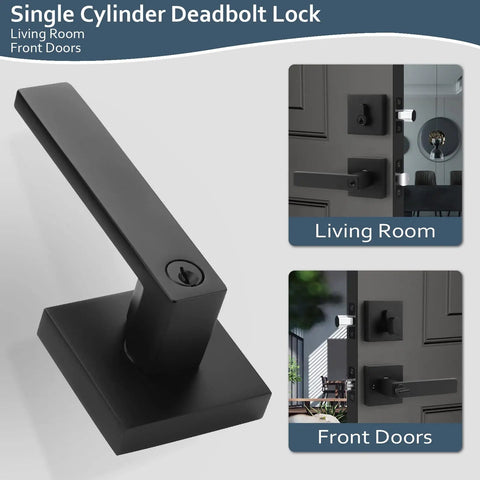 Entry Lever Door Handle With Deadbolt Lock Set For Front Door Or Office Reversible Left Or Right Matte Black Finish shown