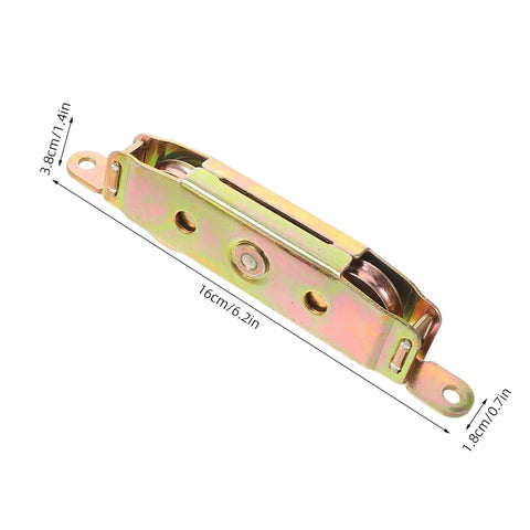 Upgrade Heavy Duty 2 Piece Sliding Door Roller Assembly With Double Ball Bearings For Quiet Smooth Glide And Zero Rattle Window Pulley Replacement Hardware, gold color, dimensions 16cm x 1.8cm x 3.8cm.