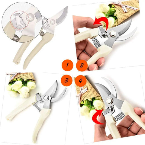 Flower Scissors Set Two Pack Heavy Duty Thickened Stainless Floral Shears shown in action trimming flowers and branches.