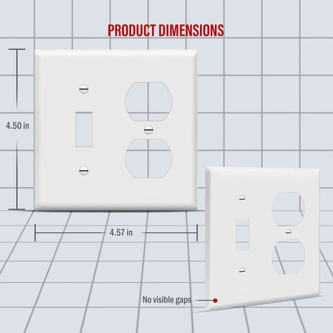 Combo Toggle Switch And Duplex Outlet Wall Plate Cover For 2-Gang, 4.5 By 4.57 Inches, White Polycarbonate Thermoplastic, UL Listed