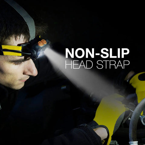 Man wearing Rugged Hard Hat LED Headlamp With Batteries, Water Resistant Work Light, using pivoting beam and non-slip strap.