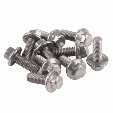Super Heavy Duty M6 Stainless Steel Hex Flange Bolts Set With 304 Grade Rust Resistant Fasteners in a group, various lengths.