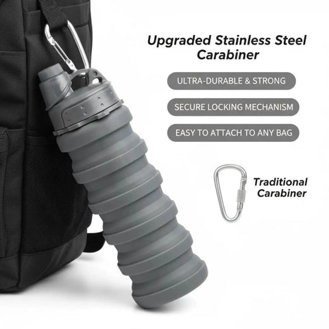 Two Pack Collapsible Silicone Water Bottles 500ml Each, On The Go Hydration Buddies For Travel, attached to backpack with buckle